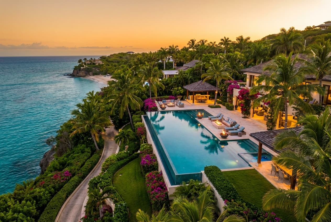 Aerial view of a luxury vacation rental with pool