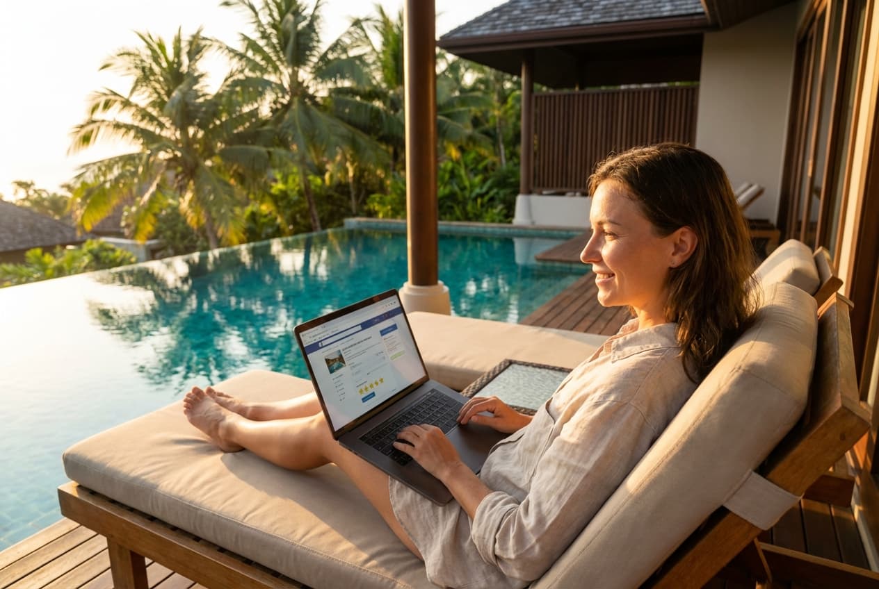 Host reviewing their property performance poolside